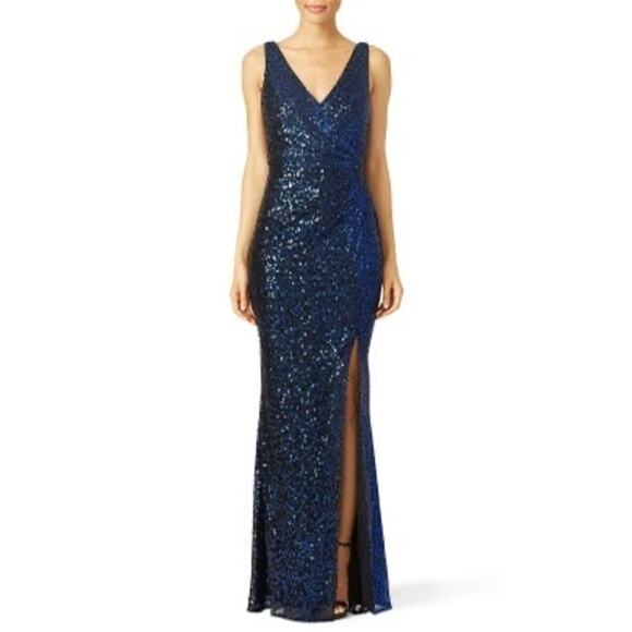 BADGLEY MISCHKA Women's Black Blue Sequins V-Neck Mesh Ombré Astor Gown Size 16 - Picture 1 of 16